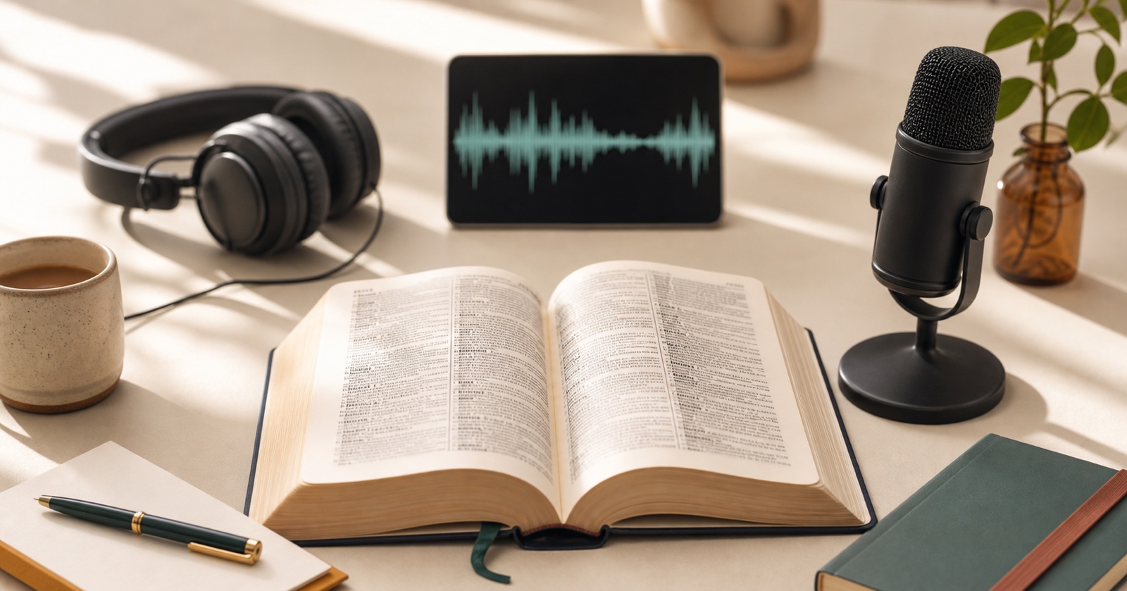 Open dictionary beside headphones, a microphone, and an audio waveform for pronunciation practice